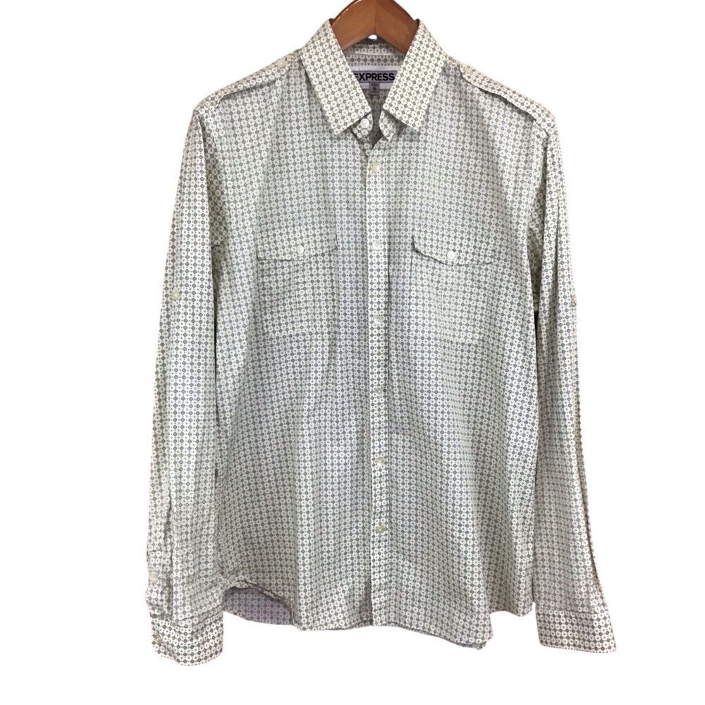Express Men's Fitted Yellow Gray Geometric Button Down Shirt 17-17.5